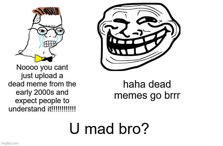 Rage comic | Noooo you cant just upload a dead meme from the early 2000s and expect people to understand it!!!!!!!!!!!! haha dead memes go brrr; U mad bro? | image tagged in blank white template,nooo haha go brrr,rage comics,memes,funny,dastarminers awesome memes | made w/ Imgflip meme maker