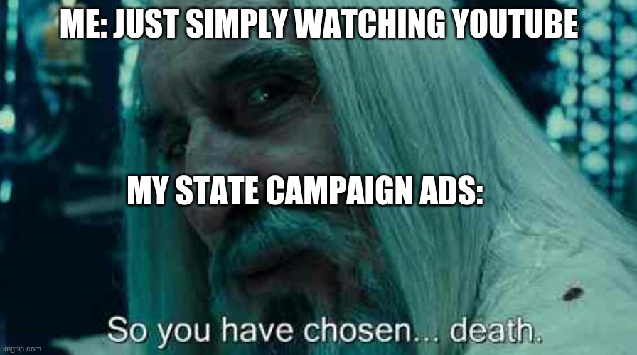 So you have chosen death | ME: JUST SIMPLY WATCHING YOUTUBE; MY STATE CAMPAIGN ADS: | image tagged in so you have chosen death | made w/ Imgflip meme maker