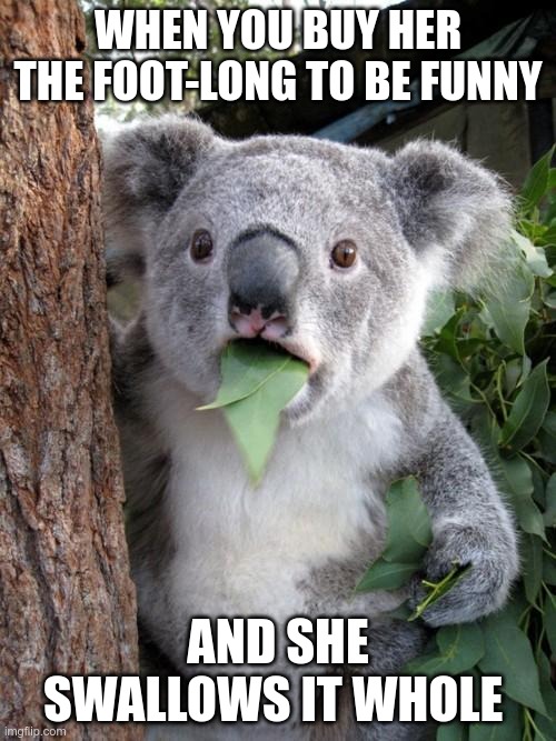 Third Base | WHEN YOU BUY HER THE FOOT-LONG TO BE FUNNY; AND SHE SWALLOWS IT WHOLE | image tagged in memes,surprised koala | made w/ Imgflip meme maker