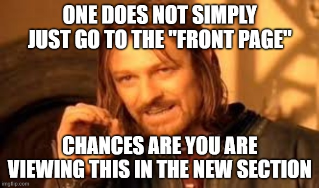 i agree with this guy | ONE DOES NOT SIMPLY JUST GO TO THE "FRONT PAGE"; CHANCES ARE YOU ARE VIEWING THIS IN THE NEW SECTION | image tagged in one does not simply blank | made w/ Imgflip meme maker