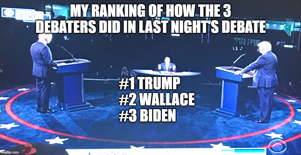 1st Presidential Debate Performance 2020 |  MY RANKING OF HOW THE 3 DEBATERS DID IN LAST NIGHT'S DEBATE; #1 TRUMP
#2 WALLACE
#3 BIDEN | image tagged in presidential debate,chris wallace,joe biden,donald trump,fox news | made w/ Imgflip meme maker
