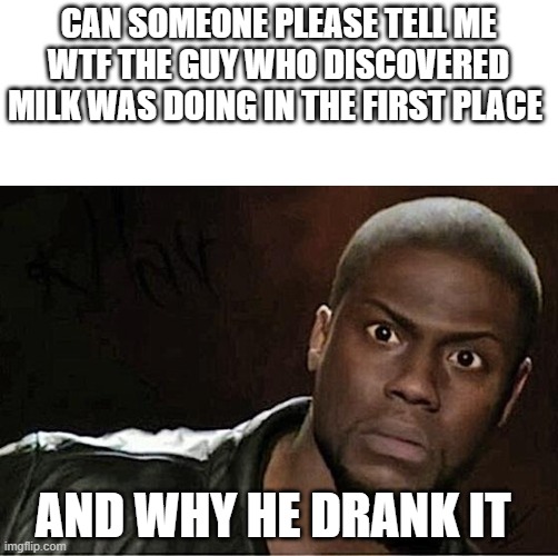 Kevin Hart | CAN SOMEONE PLEASE TELL ME WTF THE GUY WHO DISCOVERED MILK WAS DOING IN THE FIRST PLACE; AND WHY HE DRANK IT | image tagged in memes,kevin hart | made w/ Imgflip meme maker