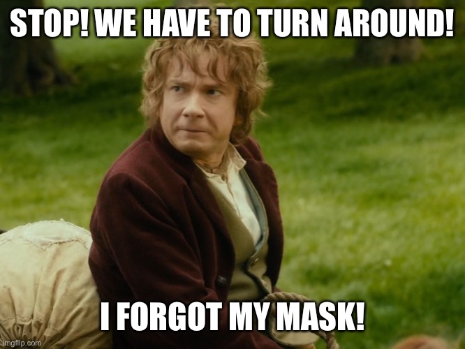Uncomfortable bilbo | STOP! WE HAVE TO TURN AROUND! I FORGOT MY MASK! | image tagged in uncomfortable bilbo | made w/ Imgflip meme maker