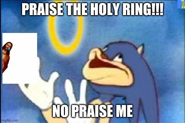 HOLY RING!!!!!!!!! | PRAISE THE HOLY RING!!! NO PRAISE ME | image tagged in sonic derp | made w/ Imgflip meme maker