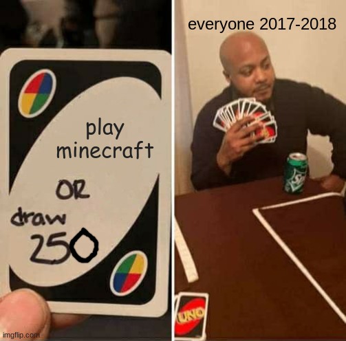 i think these were the years minecraft being dead | everyone 2017-2018; play minecraft | image tagged in memes,uno draw 25 cards | made w/ Imgflip meme maker