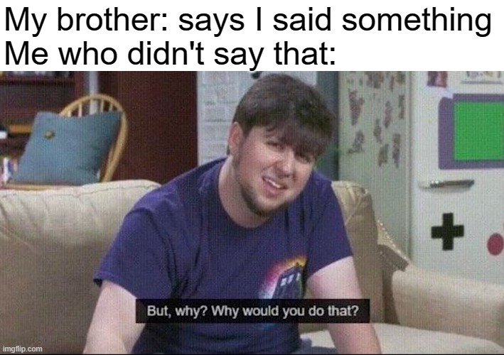 My brother kind of tries to paint a bad picture about me, so I'm retaliating. | My brother: says I said something
Me who didn't say that: | image tagged in but why why would you do that,brother memes,memes,jontron meme template,brother lies | made w/ Imgflip meme maker