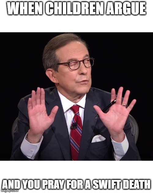 Someone help Chris Wallace | WHEN CHILDREN ARGUE; AND YOU PRAY FOR A SWIFT DEATH | image tagged in chris wallace dead inside | made w/ Imgflip meme maker