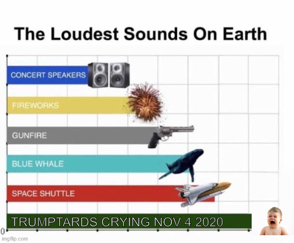 It's going to be ear-deafening and earth-shattering | TRUMPTARDS CRYING NOV 4 2020 | image tagged in the loudest sounds on earth,trump,loser,crying,whining,2020 | made w/ Imgflip meme maker