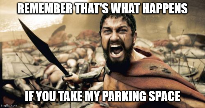 Sparta Leonidas | REMEMBER THAT'S WHAT HAPPENS; IF YOU TAKE MY PARKING SPACE | image tagged in memes,sparta leonidas | made w/ Imgflip meme maker