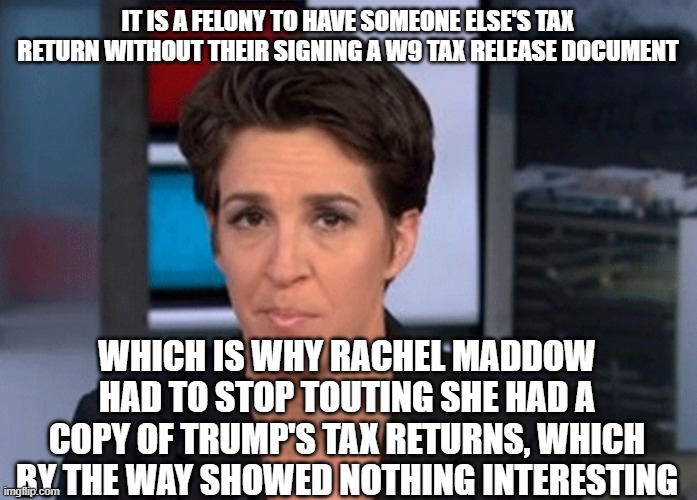 Rachel Maddow  | IT IS A FELONY TO HAVE SOMEONE ELSE'S TAX RETURN WITHOUT THEIR SIGNING A W9 TAX RELEASE DOCUMENT WHICH IS WHY RACHEL MADDOW HAD TO STOP TOUT | image tagged in rachel maddow | made w/ Imgflip meme maker