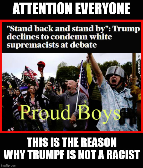 tRUMPers are so tired of defending their Fuhrer's racial views.  This should clear things up. | ATTENTION EVERYONE; THIS IS THE REASON WHY TRUMPF IS NOT A RACIST | image tagged in racist,white supremacy,white supremacists,republicans | made w/ Imgflip meme maker