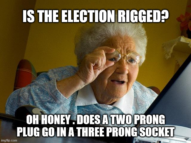 Grandma Finds The Internet |  IS THE ELECTION RIGGED? OH HONEY . DOES A TWO PRONG PLUG GO IN A THREE PRONG SOCKET | image tagged in memes,grandma finds the internet | made w/ Imgflip meme maker