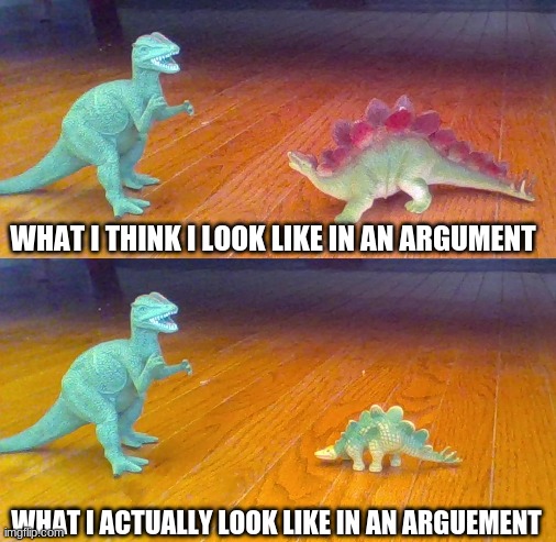 Arguements but it's a new template | WHAT I THINK I LOOK LIKE IN AN ARGUMENT; WHAT I ACTUALLY LOOK LIKE IN AN ARGUMENT | image tagged in dinosaur,toys | made w/ Imgflip meme maker