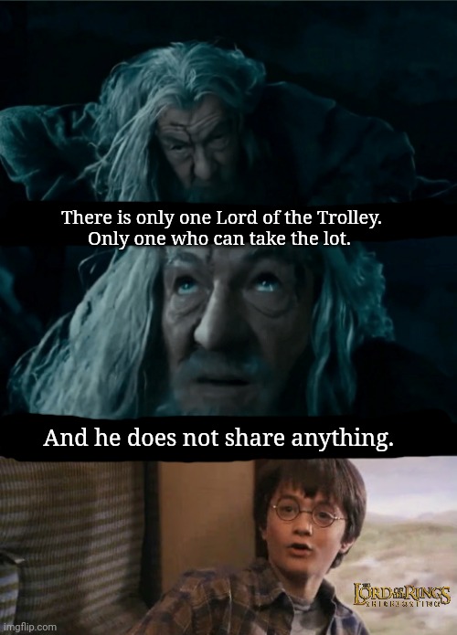 Lord of the Trolley | There is only one Lord of the Trolley.
Only one who can take the lot. And he does not share anything. | image tagged in harry potter,lotr,lord of the rings,there can be only one | made w/ Imgflip meme maker
