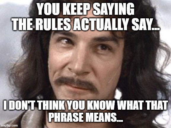 When a players says a rule | YOU KEEP SAYING THE RULES ACTUALLY SAY... I DON'T THINK YOU KNOW WHAT THAT
PHRASE MEANS... | image tagged in i do not think that means what you think it means | made w/ Imgflip meme maker