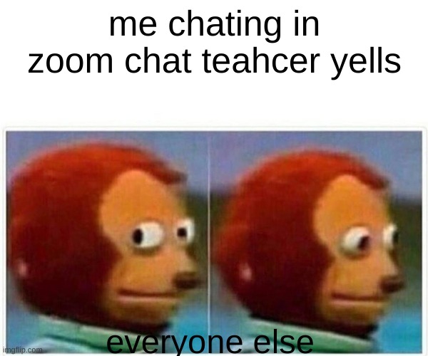 Monkey Puppet Meme | me chating in zoom chat teahcer yells; everyone else | image tagged in memes,monkey puppet | made w/ Imgflip meme maker