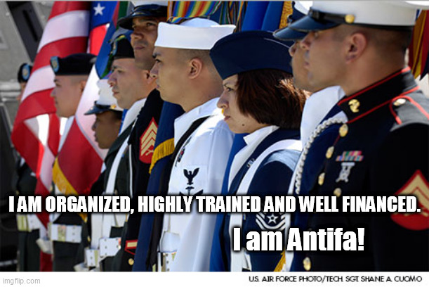 I AM ORGANIZED, HIGHLY TRAINED AND WELL FINANCED. I am Antifa! | image tagged in antifa,armed services,patriots,anti-fascists | made w/ Imgflip meme maker