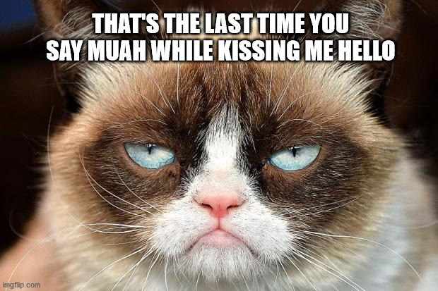 Grumpy Cat Not Amused | THAT'S THE LAST TIME YOU SAY MUAH WHILE KISSING ME HELLO | image tagged in memes,grumpy cat not amused,grumpy cat | made w/ Imgflip meme maker