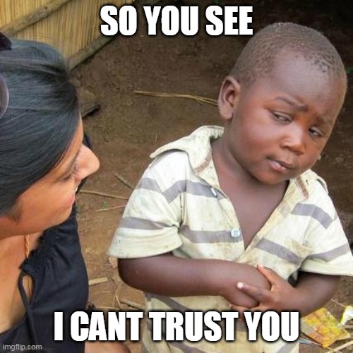Third World Skeptical Kid | SO YOU SEE; I CANT TRUST YOU | image tagged in memes,third world skeptical kid | made w/ Imgflip meme maker