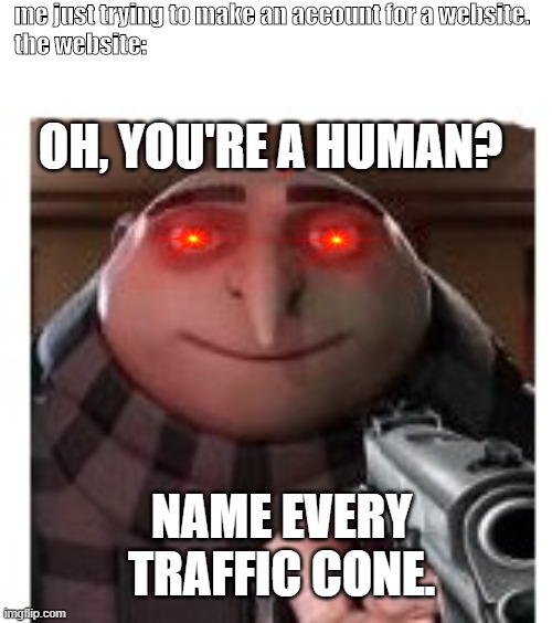 G R U | me just trying to make an account for a website.
the website:; OH, YOU'RE A HUMAN? NAME EVERY TRAFFIC CONE. | image tagged in gru with gun,gru,online school,bots | made w/ Imgflip meme maker