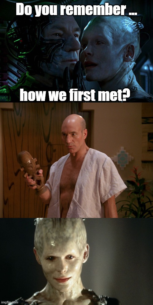 How it all started | Do you remember ... how we first met? | image tagged in star trek the next generation,captain picard,borg | made w/ Imgflip meme maker