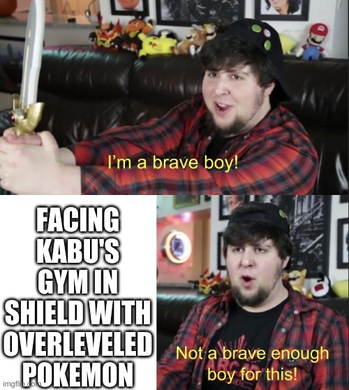 I didn't and my pokemon were level 40 | FACING KABU'S GYM IN SHIELD WITH OVERLEVELED POKEMON | image tagged in im a brave boy | made w/ Imgflip meme maker