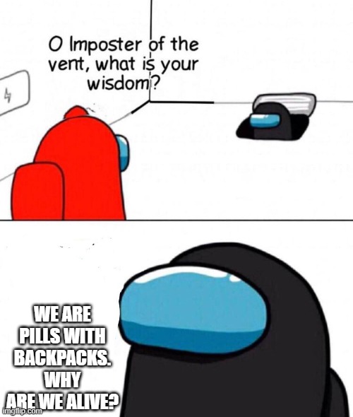 the impostor of the vents' daily wisdom | WE ARE PILLS WITH BACKPACKS. WHY ARE WE ALIVE? | image tagged in oh imposter of the vent | made w/ Imgflip meme maker