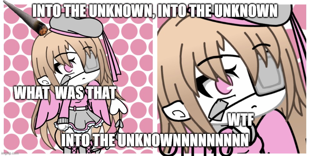 Oh no Gacha | INTO THE UNKNOWN, INTO THE UNKNOWN; WHAT  WAS THAT; WTF; INTO THE UNKNOWNNNNNNNNN | image tagged in oh no gacha | made w/ Imgflip meme maker