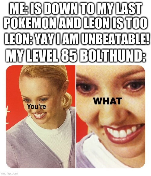 Destroyed you ;) | ME: IS DOWN TO MY LAST POKEMON AND LEON IS TOO; LEON: YAY I AM UNBEATABLE! MY LEVEL 85 BOLTHUND: | image tagged in you're what | made w/ Imgflip meme maker