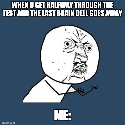 Y U No | WHEN U GET HALFWAY THROUGH THE TEST AND THE LAST BRAIN CELL GOES AWAY; ME: | image tagged in memes,y u no | made w/ Imgflip meme maker