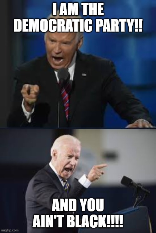 The Democratic Party...."We've been deciding who's black since 1828" | I AM THE DEMOCRATIC PARTY!! AND YOU AIN'T BLACK!!!! | image tagged in democrats,racist,biden,you ain't black | made w/ Imgflip meme maker