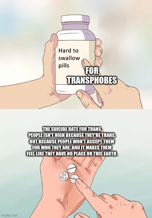 the ugly truth | FOR TRANSPHOBES; THE SUICIDE RATE FOR TRANS PEOPLE ISN'T HIGH BECAUSE THEY'RE TRANS, BUT BECAUSE PEOPLE WON'T ACCEPT THEM FOR WHO THEY ARE, AND IT MAKES THEM FEEL LIKE THEY HAVE NO PLACE ON THIS EARTH. | image tagged in memes,hard to swallow pills | made w/ Imgflip meme maker