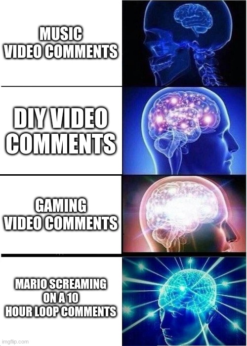 Expanding Brain Meme | MUSIC VIDEO COMMENTS; DIY VIDEO COMMENTS; GAMING VIDEO COMMENTS; MARIO SCREAMING ON A 10 HOUR LOOP COMMENTS | image tagged in memes,expanding brain | made w/ Imgflip meme maker