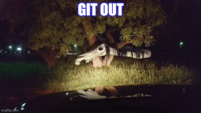 Long horse | GIT OUT | image tagged in long horse | made w/ Imgflip meme maker