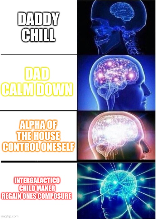 I demand you to relax | DADDY CHILL; DAD CALM DOWN; ALPHA OF THE HOUSE CONTROL ONESELF; INTERGALACTICO CHILD MAKER REGAIN ONES COMPOSURE | image tagged in memes,expanding brain | made w/ Imgflip meme maker