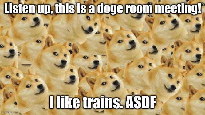 Multi Doge Meme | Listen up, this is a doge room meeting! I like trains. ASDF | image tagged in memes,multi doge | made w/ Imgflip meme maker