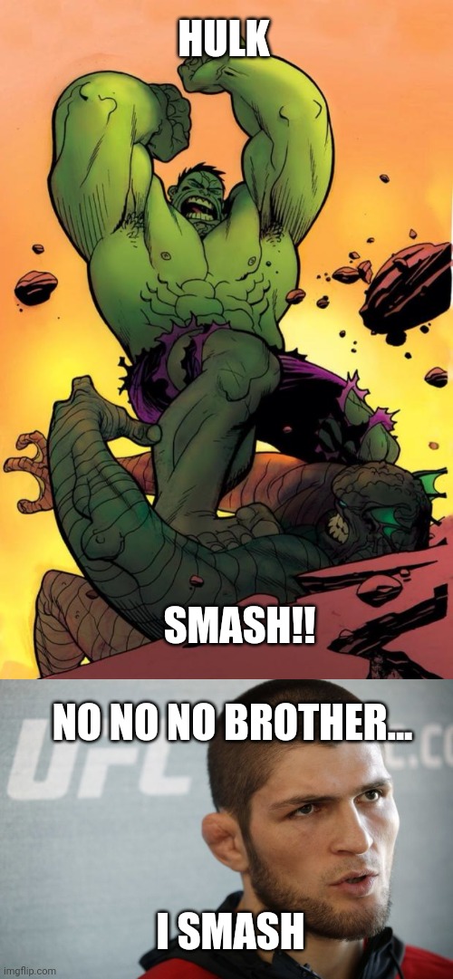 HULK; SMASH!! NO NO NO BROTHER... I SMASH | image tagged in hulk smash,khabib | made w/ Imgflip meme maker