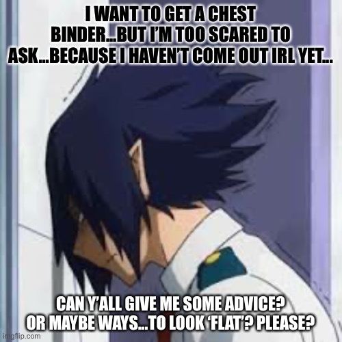 I WANT TO GET A CHEST BINDER...BUT I’M TOO SCARED TO ASK...BECAUSE I HAVEN’T COME OUT IRL YET... CAN Y’ALL GIVE ME SOME ADVICE? OR MAYBE WAYS...TO LOOK ‘FLAT’? PLEASE? | made w/ Imgflip meme maker