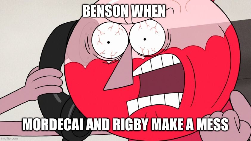 I miss regular show | BENSON WHEN; MORDECAI AND RIGBY MAKE A MESS | image tagged in angry benson,regular show | made w/ Imgflip meme maker