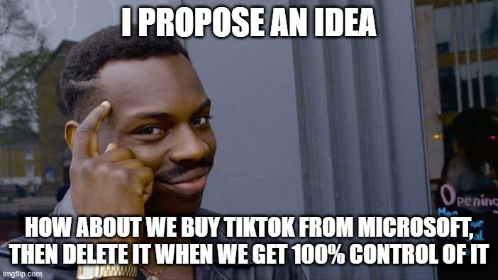 WE MUST BUY TIKTOK TO DESTROY IT | I PROPOSE AN IDEA; HOW ABOUT WE BUY TIKTOK FROM MICROSOFT, THEN DELETE IT WHEN WE GET 100% CONTROL OF IT | image tagged in memes,roll safe think about it | made w/ Imgflip meme maker