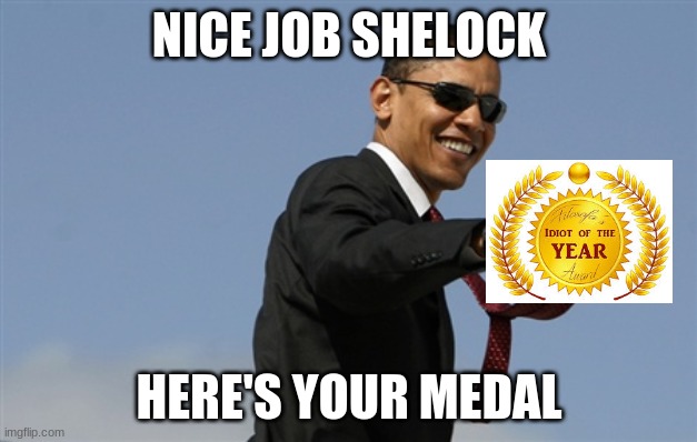 NICE JOB SHELOCK HERE'S YOUR MEDAL | image tagged in memes,cool obama | made w/ Imgflip meme maker