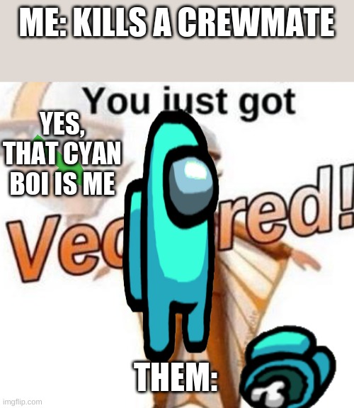 You just got vectored | ME: KILLS A CREWMATE; YES, THAT CYAN BOI IS ME; THEM: | image tagged in you just got vectored | made w/ Imgflip meme maker