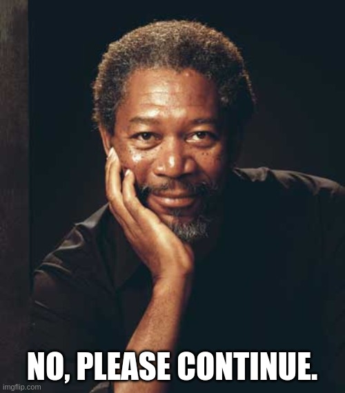 no, please continue, morgan freeman | NO, PLEASE CONTINUE. | image tagged in no please continue morgan freeman | made w/ Imgflip meme maker