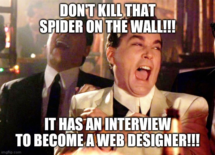 Good Fellas Hilarious | DON'T KILL THAT SPIDER ON THE WALL!!! IT HAS AN INTERVIEW TO BECOME A WEB DESIGNER!!! | image tagged in memes,good fellas hilarious | made w/ Imgflip meme maker