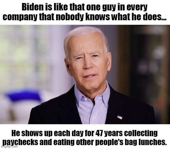 Why would you expect anything different? | Biden is like that one guy in every company that nobody knows what he does... He shows up each day for 47 years collecting paychecks and eating other people's bag lunches. | image tagged in joe biden 2020,47 years,no accomplisments,democrats,liberals,maga | made w/ Imgflip meme maker