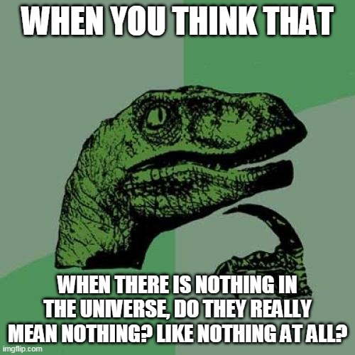my DEEPEST shower thought EVER | WHEN YOU THINK THAT; WHEN THERE IS NOTHING IN THE UNIVERSE, DO THEY REALLY MEAN NOTHING? LIKE NOTHING AT ALL? | image tagged in memes,philosoraptor | made w/ Imgflip meme maker