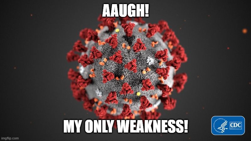 Covid 19 | AAUGH! MY ONLY WEAKNESS! | image tagged in covid 19 | made w/ Imgflip meme maker