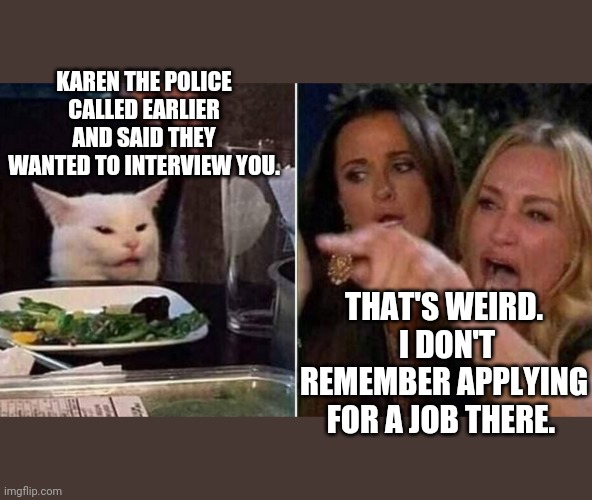 Reverse Smudge and Karen | KAREN THE POLICE CALLED EARLIER AND SAID THEY WANTED TO INTERVIEW YOU. THAT'S WEIRD.  I DON'T REMEMBER APPLYING FOR A JOB THERE. | image tagged in reverse smudge and karen | made w/ Imgflip meme maker