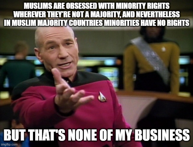 Captain Picard WTF! | MUSLIMS ARE OBSESSED WITH MINORITY RIGHTS WHEREVER THEY'RE NOT A MAJORITY, AND NEVERTHELESS IN MUSLIM MAJORITY COUNTRIES MINORITIES HAVE NO RIGHTS; BUT THAT'S NONE OF MY BUSINESS | image tagged in captain picard wtf,hypocrisy,but that's none of my business,islam,politics,memes | made w/ Imgflip meme maker