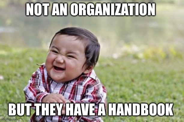 Evil Toddler Meme | NOT AN ORGANIZATION BUT THEY HAVE A HANDBOOK | image tagged in memes,evil toddler | made w/ Imgflip meme maker